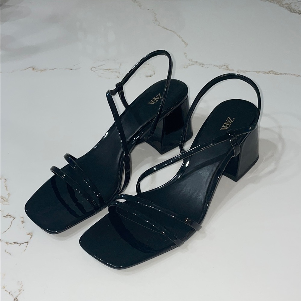 Zara Patent Black Block Heel Strappy Heels| 42